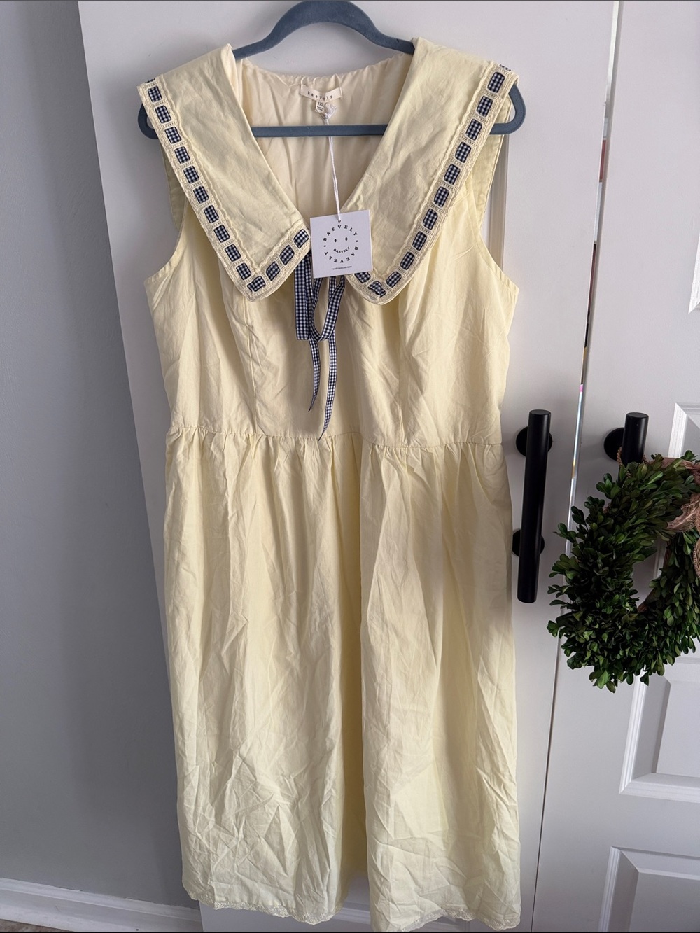 Light Yellow Sleeveless Dress with Embroidered gingham Peter Pan Collar